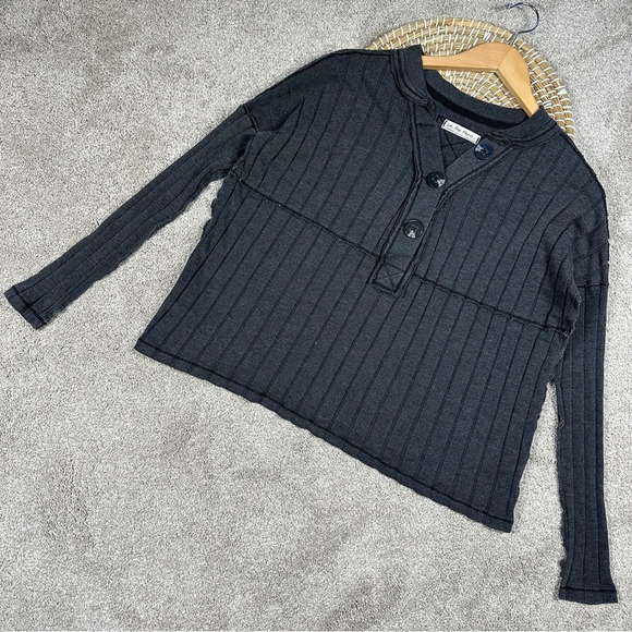 We The Free In The Mix Ribbed Oversized Long Sleeve Henley Top Charcoal Gray XS - Picture 4 of 14